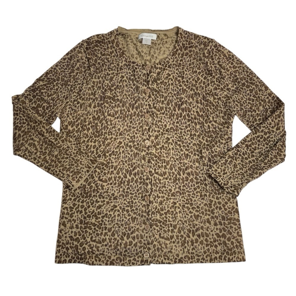 Garnet Hill Animal Print Button Up Cardigan Sweater Merino Wool Brown Tan Small